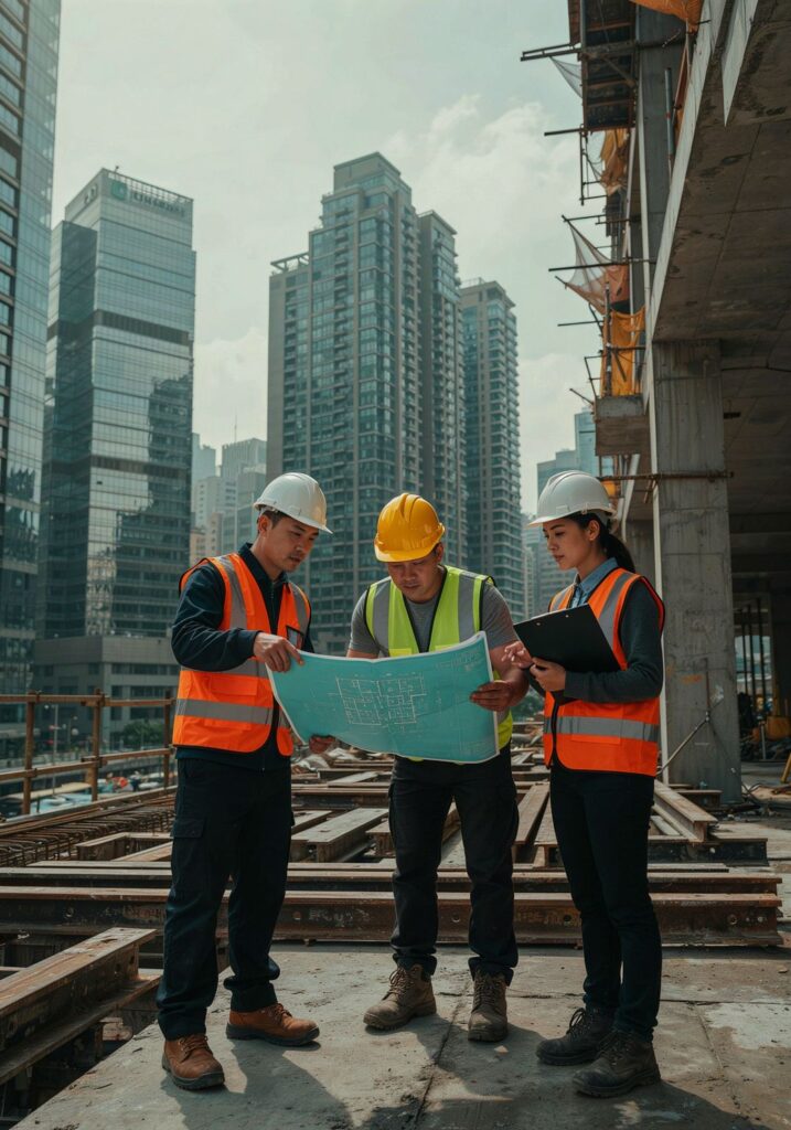 Project team reviewing drawings on site